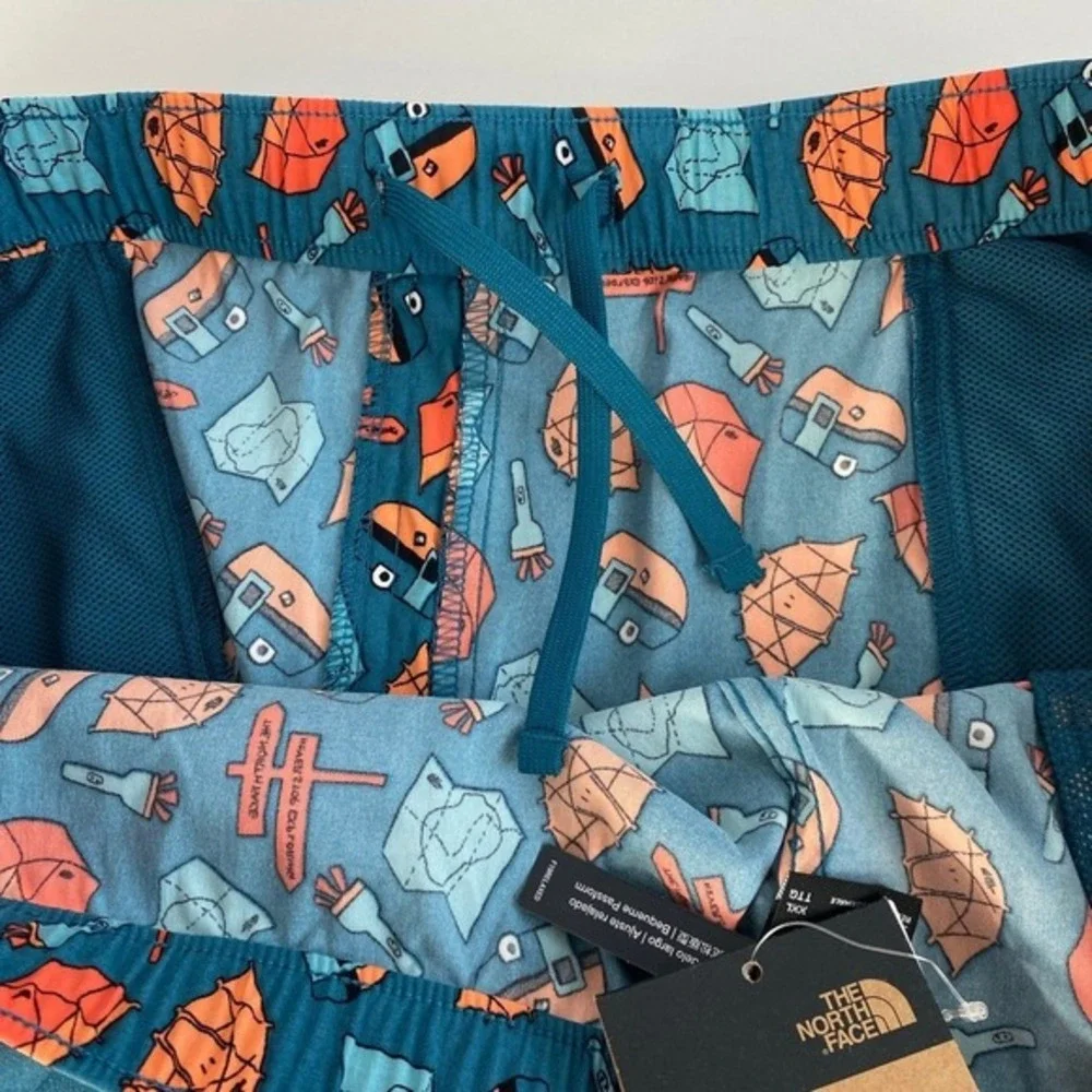 The North Face Allover Camping Print Shorts Men XL Blue Travel Coastal Beach NWT
